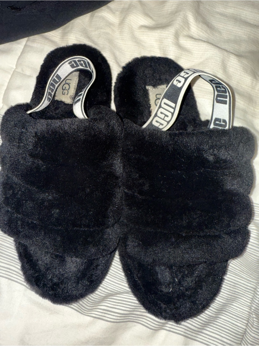 UGG Black Plush Slide with Branded Heel Strap